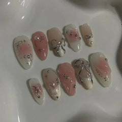Aiertu 24Pcs Pink Almond French Press on Nails With 3D Bow ripple charms Design Fake Nails Ballerina False Nails Full Cover Nail Tips Aiertu
