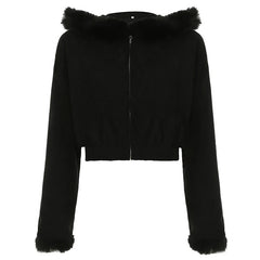 Aiertu - Y2K Corduroy Jacket Korean Fashion Women Furry Trim Hoodies 2000s Black Zipepr Coat Autumn Street Harajuku Outwear Aiertu