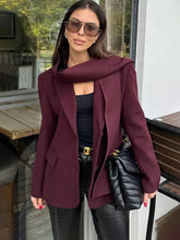 Aiertu - Fashion Woolen Blazer Jacket With Scarf Women's Loose Solid Pockets Long Sleeve Suits Coat Office Lady Versatile Outwear Aiertu