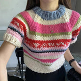 Aiertu - Pullover Pull Femme Heavy Colored Short Sleeve Striped Knitted Sweater for Women Jumper Tops Vintage Korean Sueter Mujer Aiertu