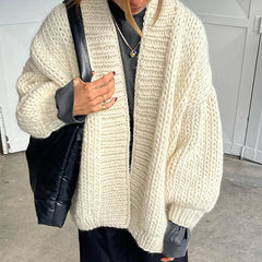 Aiertu - Long Lantern Sleeves Solid Women Cardigans Knitted Loose V Neck Lady Sweater 2024 Vintage Autumn Winter Female Warm Streetwear Aiertu