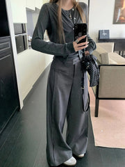 Aiertu - Modern Pleated Front Suit Trousers Women Slant Pockets High Waist Wide Leg Palazzo Pants Work Casual Plus Size Clothes Aiertu