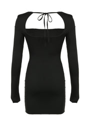 Aiertu - summer inspo Backless Lace-Up Slim Sexy Black Short Dress Women Square Collar Solid Split Elegant Basic Long Sleeve Baddie Clubwear Aiertu