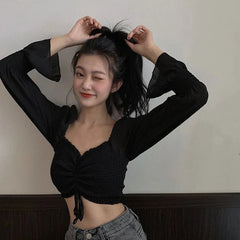 Aiertu Sexy Slash Neck Shirts Women Korean Black Cropped Pleated Puff Long Sleeve Blouses Summer White Off Shoulder Crop Tops New Aiertu
