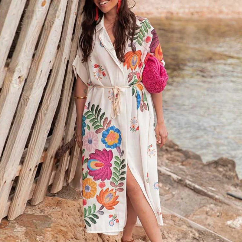 Aiertu - New Pattern Printed Loose Long Dress Women's Fashion Single Breasted Bohemian Dress Retro Short Sleeve Split Beach Dresses Aiertu
