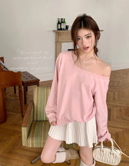 Aiertu - Autumn/Winter New Fashion Off Shoulder Slant Shoulder Sexy Sweatshirt for Women Solid Color Loose Casual Short T-shirt Women Top Aiertu