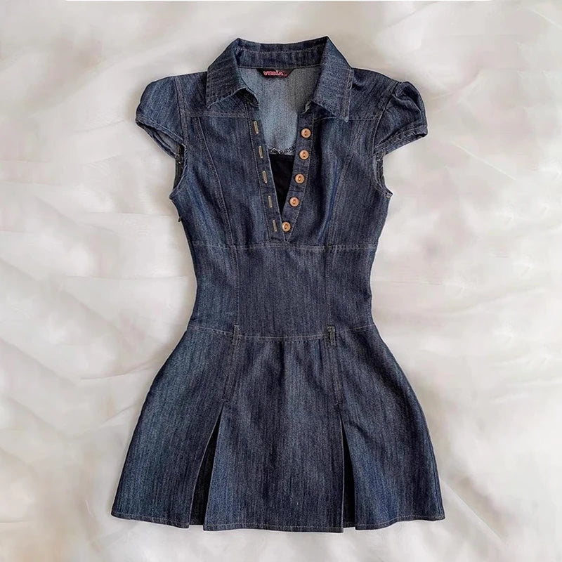 Aiertu - Spicy Girl Retro Denim Dress 2025 Summer Y2k Short Sleeve Button Streetwear Fashion Slim Fit Short Dresses Women's Mini Skirt Aiertu