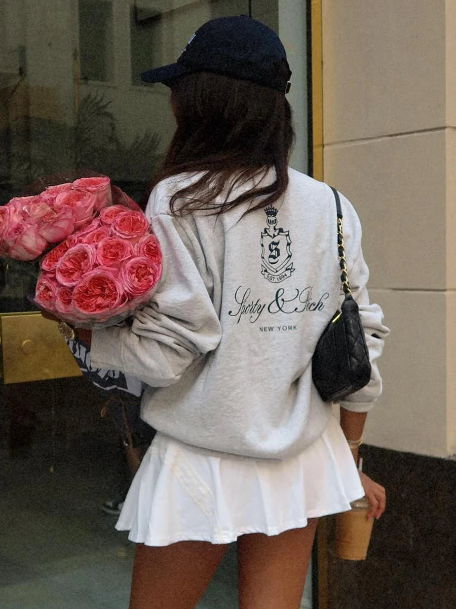 Aiertu - New York Letter Print Sweatshirt Women Classic O Neck Long Sleeve Pullover Autumn Casual Vintage Sporty Rich Sweatshirt 2026 New Aiertu