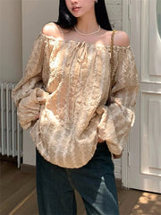 Aiertu - Fashion Lantern Sleeve Blouses Women Summer Casual Chic 2026 Loose Vintage Mujer Slash Neck Vacation Off Shoulder Beach Aiertu