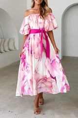 Aiertu -Elegant Floral Print Lace Up Off Shoulder A Line Dresses aiertu