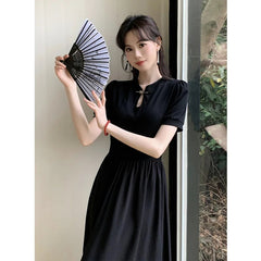 Aiertu Slimming High Waist Pure Color Butterfly Buckle Small Stand Collar Summer New Style Traditional Chinese Fashion Dress Aiertu