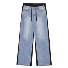 Aiertu - Retro Patchwork Knit Baggy Jeans Women Whiskers Straight Drawstring High Rise Wide Leg Denim Pants Grunge Streetwear Aiertu