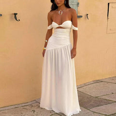 Aiertu - White Off Shoulder High Waist Pleated Evening Dress Lady Elegant Backless Slim Long Dress New 2026 Strapless Hollow Beach Dress Aiertu