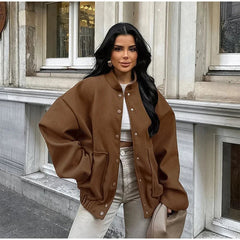 Aiertu - Loose Brown Bomber Coats Women Vintage Stand Collar Single Breasted Zipper Pockets Jacket 2026 Autumn New Lady Tops Outwear Aiertu
