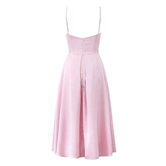 Aiertu - Women Satin Pink Sexy Elegant Dress Thin Straps V Neck A-line Midi Evening Party Dresses Aiertu