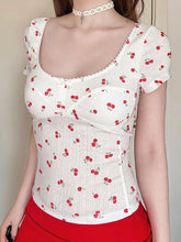 Aiertu - Cherry Print Bow U-Neck Crop Top Aiertu