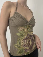 Aiertu -Vintage Print Drawstring Halter Backless Top aiertu