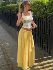 Aiertu - Slim Drawstring Pleated Long Skirt For Women Elastic Waist Solid Color High Waist Fashion Patchwork Female Long Skirt Aiertu