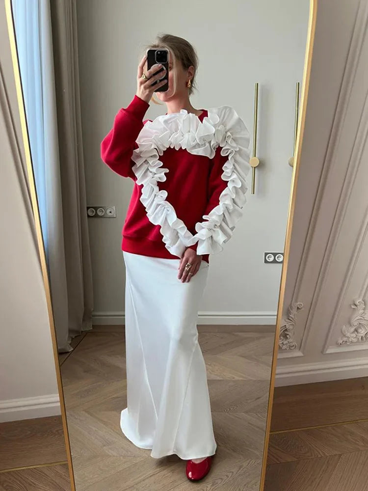 Aiertu - Fashion Red Love 3d Floral Knitted Hoodies 2026 Women Fashion Round Neck Long Sleeves Sweater Autumn Lady Commute Jumper Top Aiertu