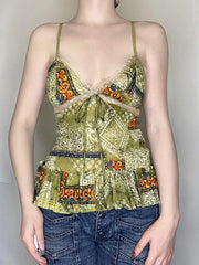 Aiertu -Vintage Printed Lace Bow Tie Cami Top aiertu