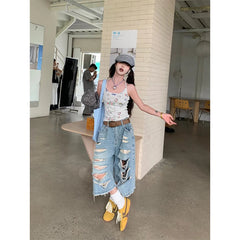 Aiertu Y2K Streetwear Denim Shorts Women American Vintage High Waist Baggy Wide Leg Denim Shorts New Hole Straight Knee Length Pants Aiertu