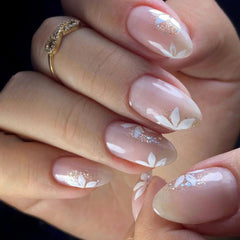 Aiertu - 24pcs Simple Oval Fake Nails Fashion Cat's Eye Short Almond False Nail Wearable Flower Full Cover Nail Tips Pink Press on Nails Aiertu
