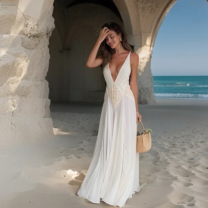 Aiertu - Solid Slimming Minimalist Elegant Dresses for Women Deep V Neck Sleeveless High Waist Long Dress Female New Aiertu