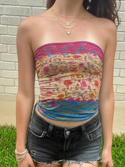 Aiertu - y2k Aesthetic Tube Top Summer Holiday Cute Floral Print Skinny Strapless Cropped Tops Women Casual Basic Tee Vintage 90s Aiertu