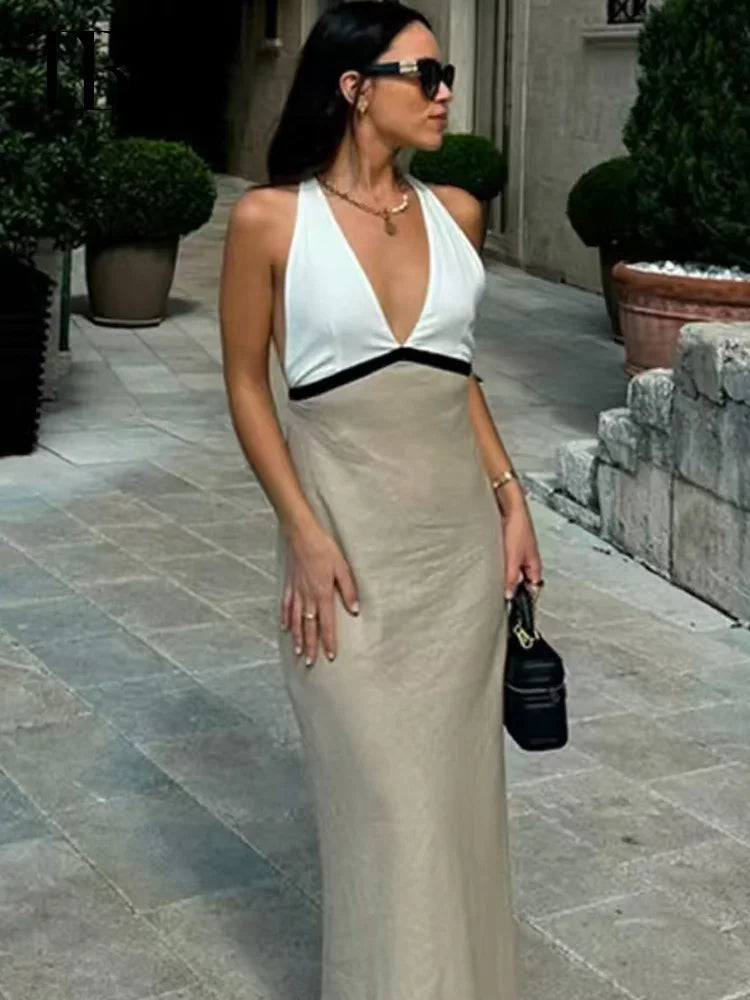 Aiertu - 2025 Women's Dress Midi Halter Dresses Linen Bow Backless Dress Sleeveless Slip Long Vestidos Chic Elegant Vacation Dresses Aiertu