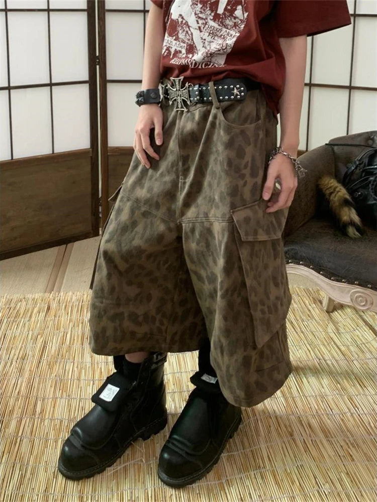 Aiertu - Women's Leopard Print Camouflage Capris Unisex Loose Shorts Summer Street Style Young Girl Casual Bottom Female Calf-length Pant Aiertu