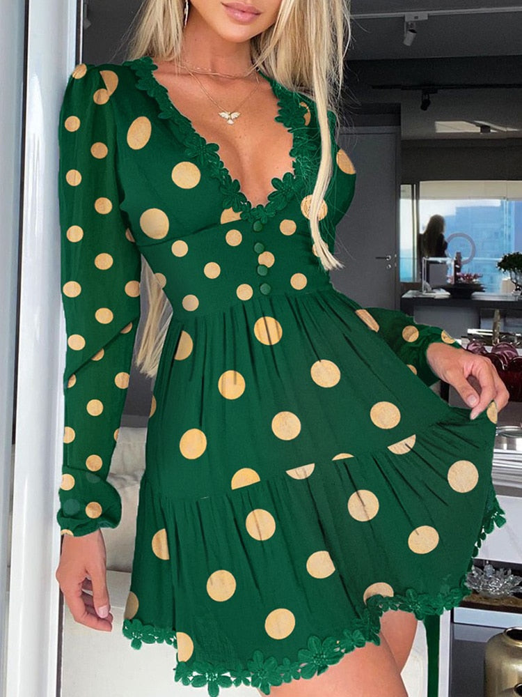 Aiertu Polka Dot Print Lace Trim Ruched Dress Women Sexy Plunge Long Sleeve Flared Mini Dress Aiertu