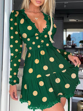 Aiertu Polka Dot Print Lace Trim Ruched Dress Women Sexy Plunge Long Sleeve Flared Mini Dress Aiertu