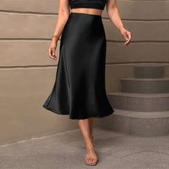 Aiertu - Satin Skirt High Waisted Solid Color Skirts Flared Hem Elegant Women Outerwear Aiertu
