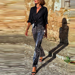 Aiertu - Casual High Street Party Trousers Fashion Shiny Sequins Slim Fit Straight Long Pants Women Elegant Elastic Waist Wide Leg Pants Aiertu