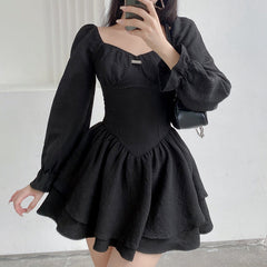 Aiertu - Temperament Square Neck Puff Long Sleeve Double Short Skirt Dress Aiertu