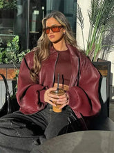 Aiertu - Autumn New Pu Leather Wine Red Jacket Women Casual Lapel Zipper Long Sleeved Short Coats 2026 Fashion Lady High Street Outerwear Aiertu