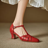 Aiertu New Summer Genuine Leather Women Shoes Square Toe Shallow Women Pumps Mary Jane Shoes for Women Chunky Heel Casual Shoes Aiertu