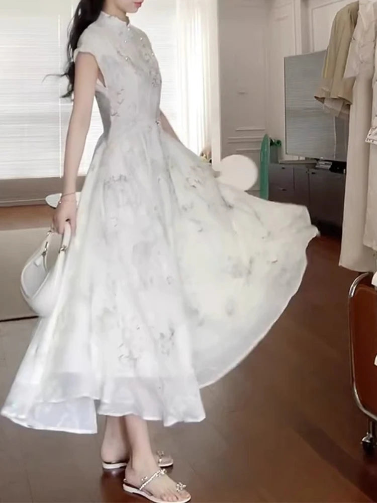 Aiertu - New Chinese Style White Sweet Chicly Printed Female Dresses Summer Fashion Elegant Office Ladies Simple Casual Dress for Women Aiertu