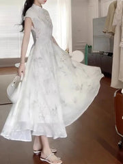 Aiertu - New Chinese Style White Sweet Chicly Printed Female Dresses Summer Fashion Elegant Office Ladies Simple Casual Dress for Women Aiertu