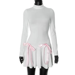 Aiertu - Turtleneck Slim Bows Mini Dress For Women Fashion PAtchwork Long Sleeve Sexy Outfits Folds Hem Hot Girl Club Party Dress Aiertu