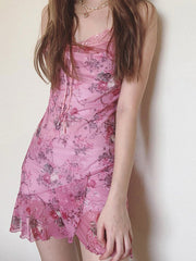 Aiertu -Vintage Print Lace Trim Mesh V-Neck Cami Dress aiertu