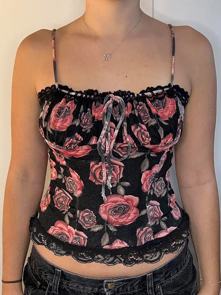 Aiertu -Vintage Rose Print Drawstring Tie Cami Top aiertu