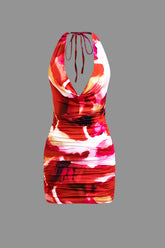 Aiertu - Tie Dye Halter Cowl Neck Backless Mini Dress Aiertu