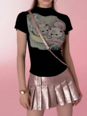 Aiertu - Trendy Kawaii Cute Cat Print T-shirt Women Summer Harajuku Y2k Half Turtleneck Crop Top Fashion Sweet Vintage Tee Shirts Femme Aiertu