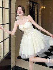 Aiertu Women Summer Elegant Lace Mesh Strap Princess Dress Korean High Waist A-Line Mini Dresses Birthday Evening Party Chic Ball Gown Aiertu