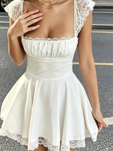 AIERTU - Lace Square Collar U Neck Mini Dress Skirt Straps Suspenders Slim Aline Backless White French Sweet Dress Summer Sleeveless Aiertu