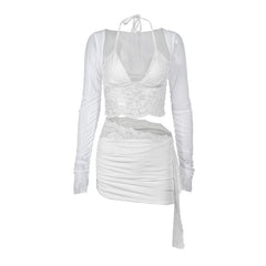 Aiertu Autumn New Fashion Temperament Sexy Deep V Slim Lace Spliced Net Long-Sleeved Dress Woman Aiertu