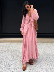 Aiertu - Ruffle Lace Deep V-neck Big Swing Long Dress Women Elegant Drawstring High Waist Long Flare Sleeve Holiday Pleated Lady Dresses Aiertu