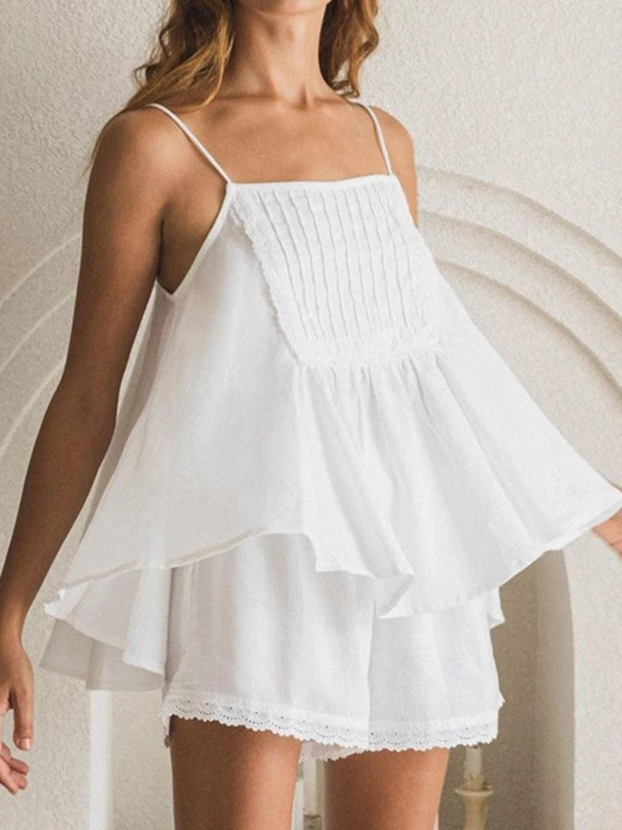 Aiertu - White Lace Trim Shorts Two-piece Set Women Summer Sleeveless Loose Tank Top+Elastic Waist Shorts Simple Casual Home Cozy Sets Aiertu