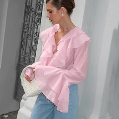 Aiertu Summer Ruffle Short Tshirts Ladies 2025 Fashion V Neck Long Sleeve Shirts Party Casual Vacation Pink Top Women's Clothes Aiertu